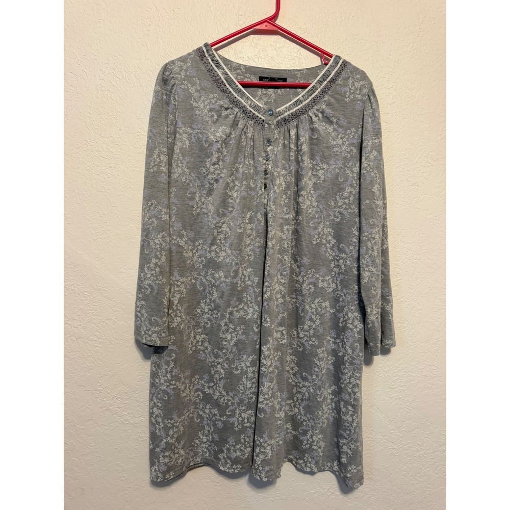 Earth Angels Grey Floral Lace Trim Long Sleeve Nightgown Sleep Shirt Large